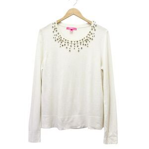 Lilly Pulitzer Coconut Odetta Sweater Wool Blend Rhinestone Neckline Size Large